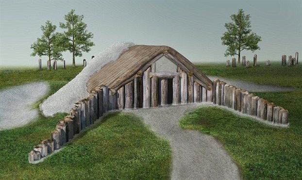 Καλλιτεχνική απεικόνιση του ξύλινου κτιρίου που εντοπίσθηκε στο υπέδαφος της περιοχής που βρίσκεται το Στόουνχεντζ και πιστεύεται ότι αποτελούσε χώρο τελετών